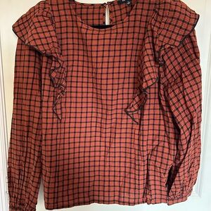 Madewell Red and Black Plaid Ruffle Blouse